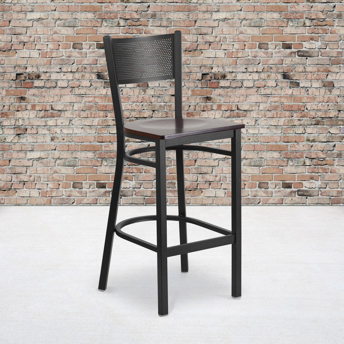 Walnut Wood Seat/Black Metal Frame |#| Black Grid Back Metal Restaurant Barstool with Walnut Wood Seat