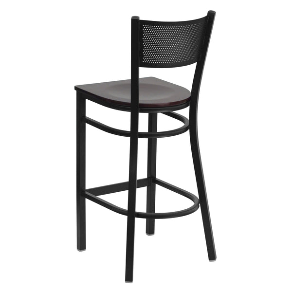 Mahogany Wood Seat/Black Metal Frame |#| Black Grid Back Metal Restaurant Barstool with Mahogany Wood Seat