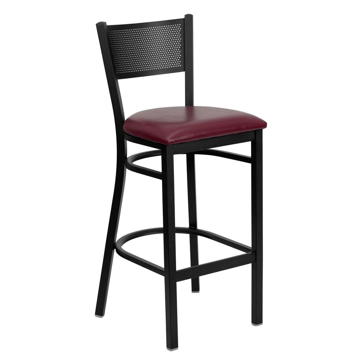 Burgundy Vinyl Seat/Black Metal Frame |#| Black Grid Back Metal Restaurant Barstool with Burgundy Vinyl Upholstered Seat