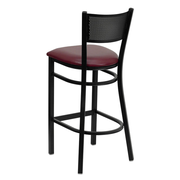 Burgundy Vinyl Seat/Black Metal Frame |#| Black Grid Back Metal Restaurant Barstool with Burgundy Vinyl Upholstered Seat