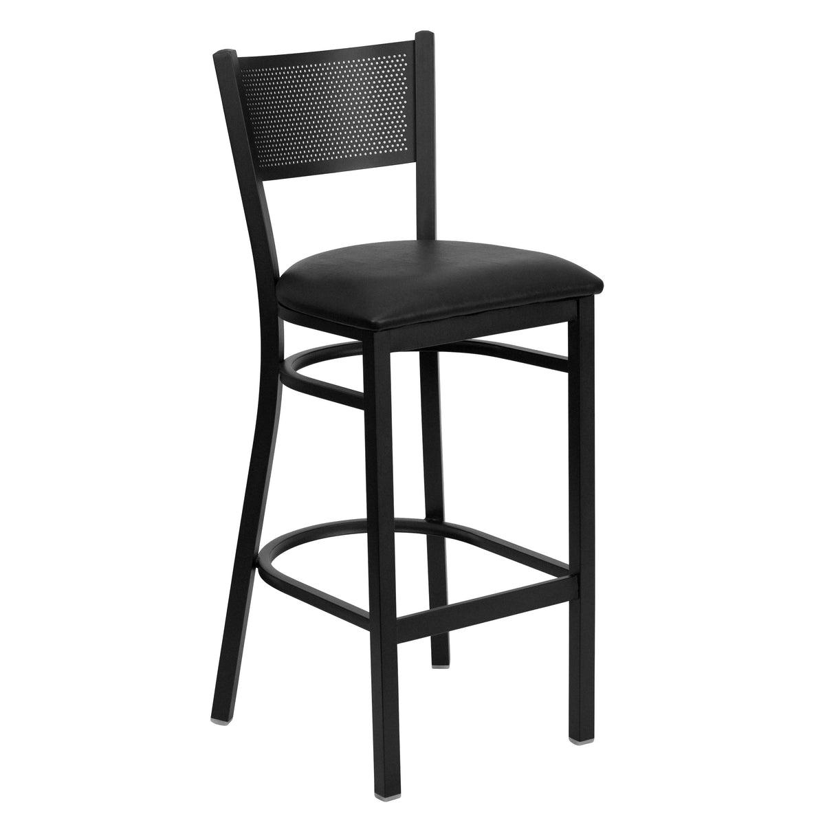 Black Vinyl Seat/Black Metal Frame |#| Black Grid Back Metal Restaurant Barstool with Black Vinyl Upholstered Seat