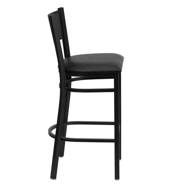 Black Vinyl Seat/Black Metal Frame |#| Black Grid Back Metal Restaurant Barstool with Black Vinyl Upholstered Seat