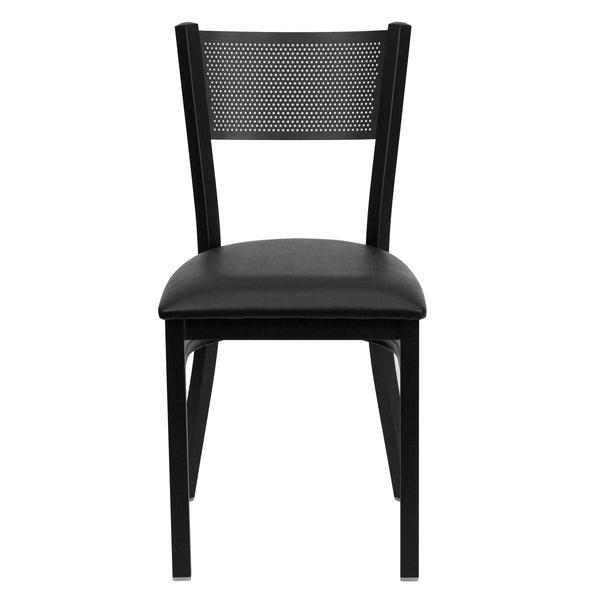 Black Vinyl Seat/Black Metal Frame |#| Black Grid Back Metal Restaurant Chair with Black Vinyl Upholstered Seat