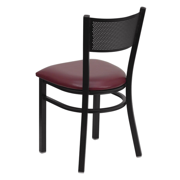 Burgundy Vinyl Seat/Black Metal Frame |#| Black Grid Back Metal Restaurant Chair with Burgundy Vinyl Upholstered Seat