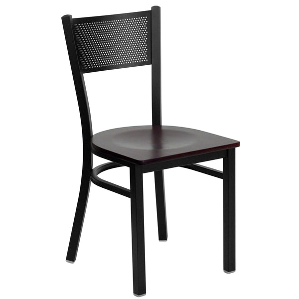 Mahogany Wood Seat/Black Metal Frame |#| Black Grid Back Metal Restaurant Chair with Mahogany Wood Seat