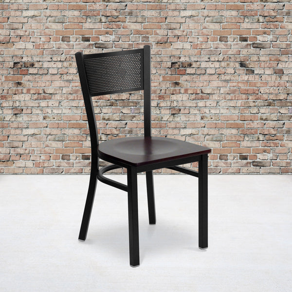 Mahogany Wood Seat/Black Metal Frame |#| Black Grid Back Metal Restaurant Chair with Mahogany Wood Seat