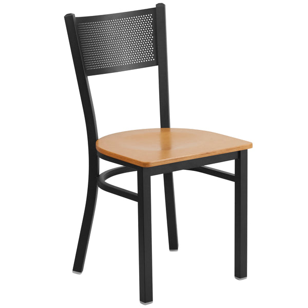 Natural Wood Seat/Black Metal Frame |#| Black Grid Back Metal Restaurant Chair with Natural Wood Seat