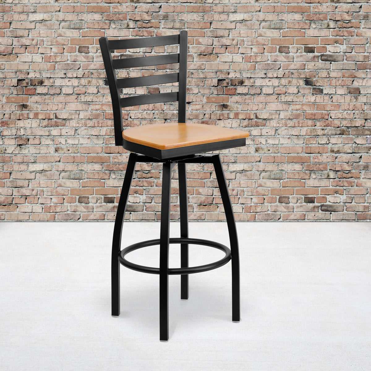 Natural Wood Seat/Black Metal Frame |#| Black Ladder Back Swivel Metal Barstool - Natural Wood Seat