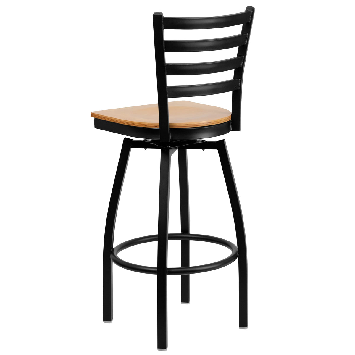 Natural Wood Seat/Black Metal Frame |#| Black Ladder Back Swivel Metal Barstool - Natural Wood Seat