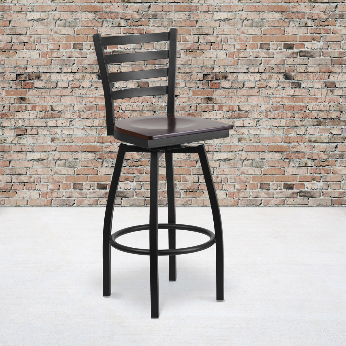 Walnut Wood Seat/Black Metal Frame |#| Black Ladder Back Swivel Metal Barstool - Walnut Wood Seat