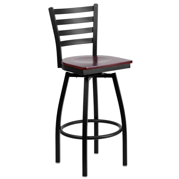 Mahogany Wood Seat/Black Metal Frame |#| Black Ladder Back Swivel Metal Barstool - Mahogany Wood Seat