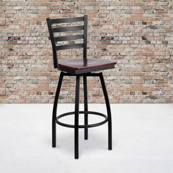 Mahogany Wood Seat/Black Metal Frame |#| Black Ladder Back Swivel Metal Barstool - Mahogany Wood Seat