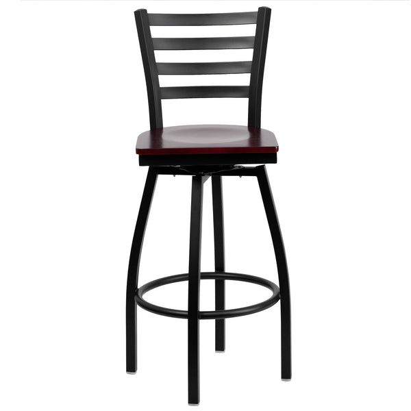 Mahogany Wood Seat/Black Metal Frame |#| Black Ladder Back Swivel Metal Barstool - Mahogany Wood Seat