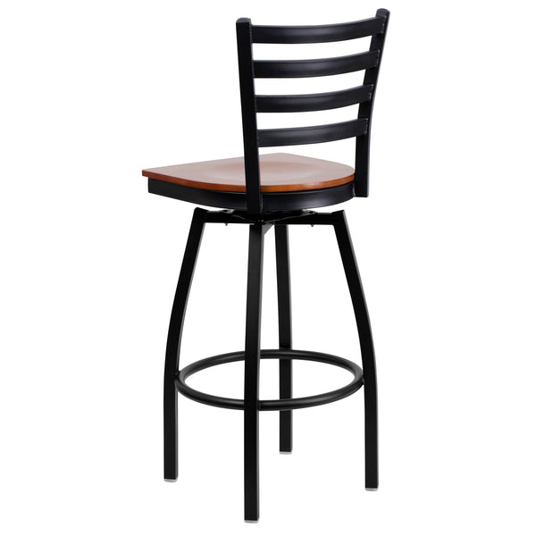 Cherry Wood Seat/Black Metal Frame |#| Black Ladder Back Swivel Metal Barstool - Cherry Wood Seat