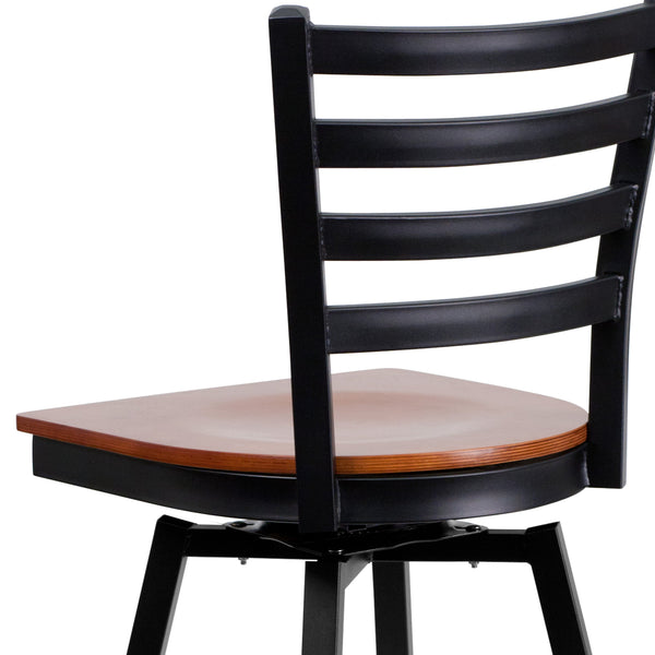 Cherry Wood Seat/Black Metal Frame |#| Black Ladder Back Swivel Metal Barstool - Cherry Wood Seat