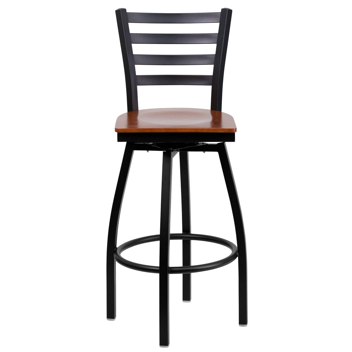 Cherry Wood Seat/Black Metal Frame |#| Black Ladder Back Swivel Metal Barstool - Cherry Wood Seat