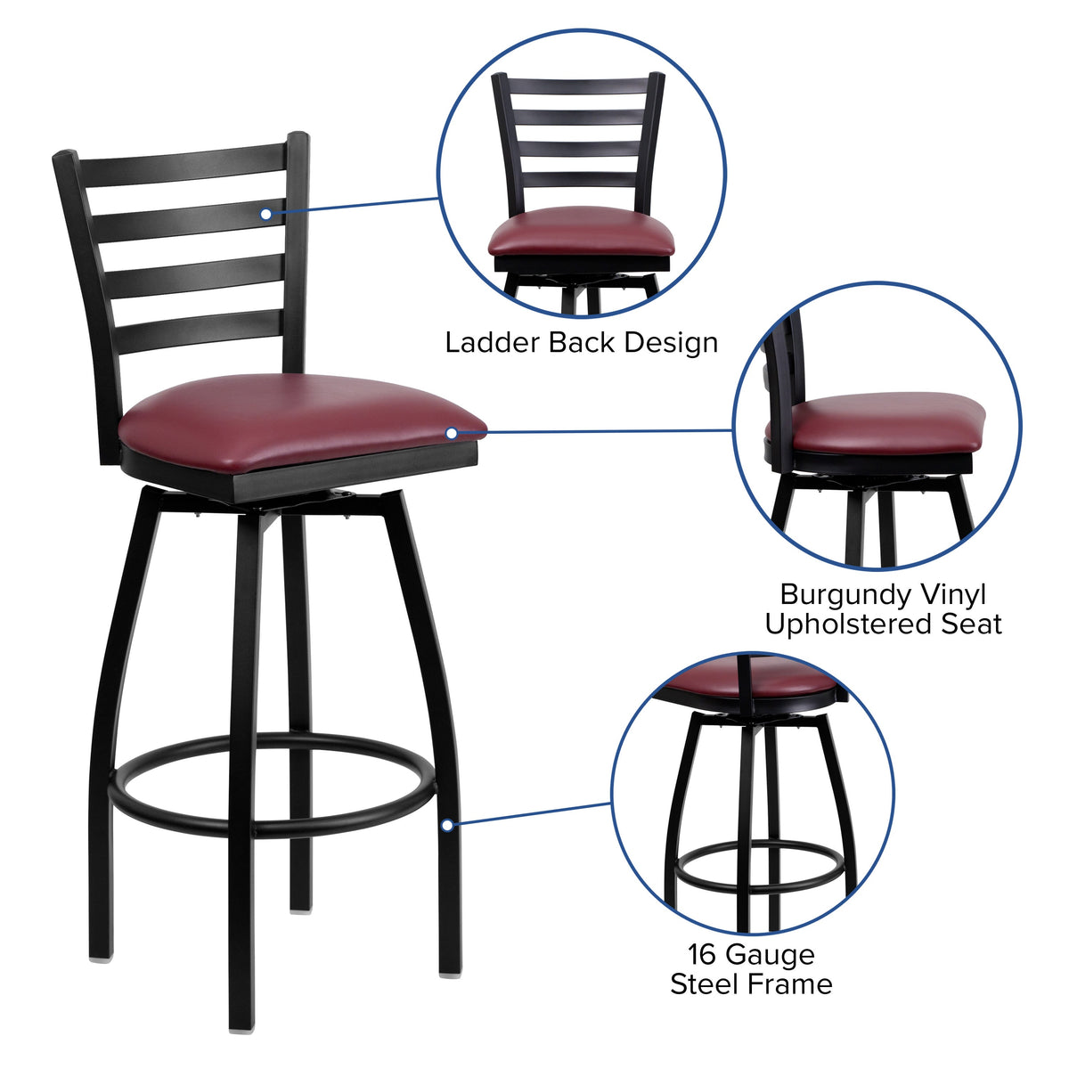 Burgundy Vinyl Seat/Black Metal Frame |#| Black Ladder Back Swivel Metal Barstool - Burgundy Vinyl Seat