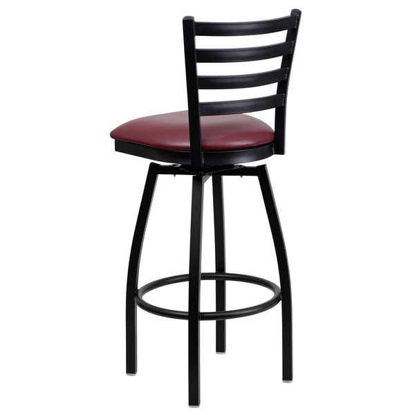 Burgundy Vinyl Seat/Black Metal Frame |#| Black Ladder Back Swivel Metal Barstool - Burgundy Vinyl Seat