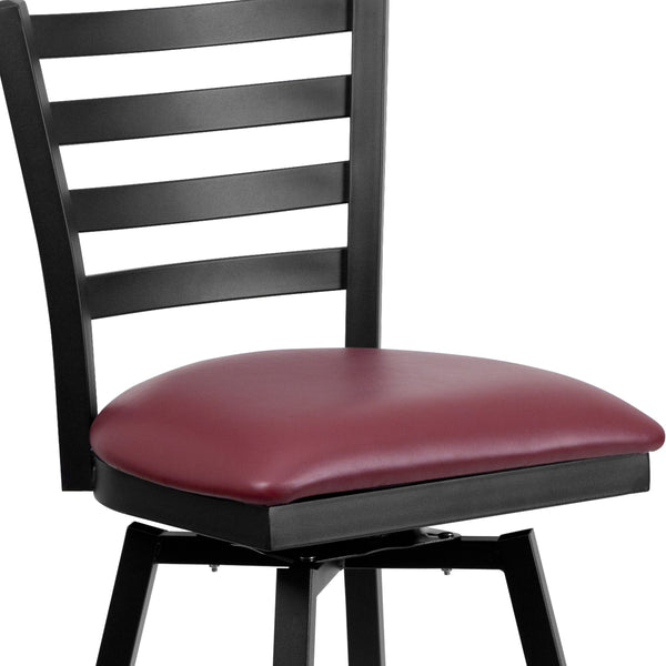 Burgundy Vinyl Seat/Black Metal Frame |#| Black Ladder Back Swivel Metal Barstool - Burgundy Vinyl Seat