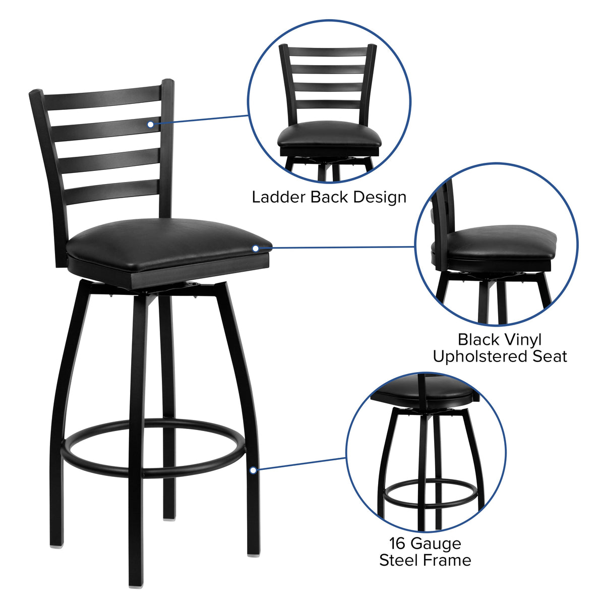 Black Vinyl Seat/Black Metal Frame |#| Black Ladder Back Swivel Metal Barstool - Black Vinyl Seat