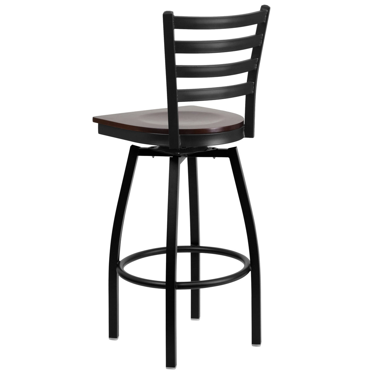 Walnut Wood Seat/Black Metal Frame |#| Black Ladder Back Swivel Metal Barstool - Walnut Wood Seat