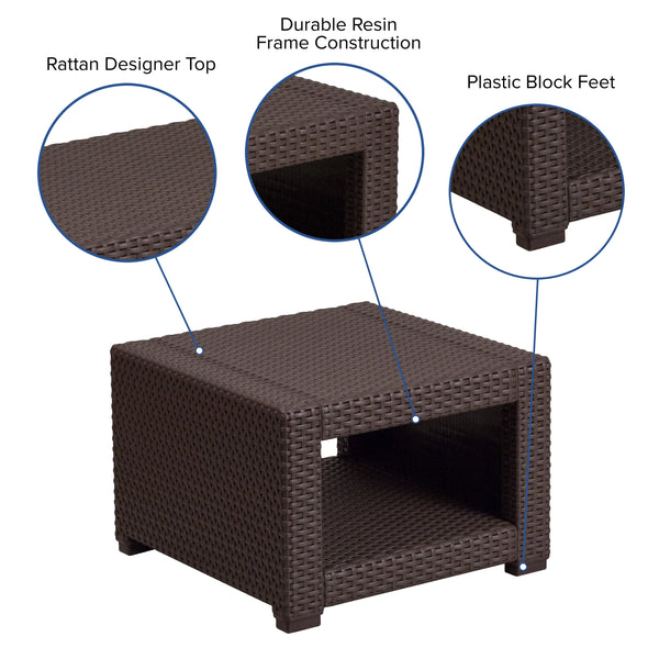 Chocolate Brown Faux Rattan End Table - Outdoor Accent Table - Patio Table