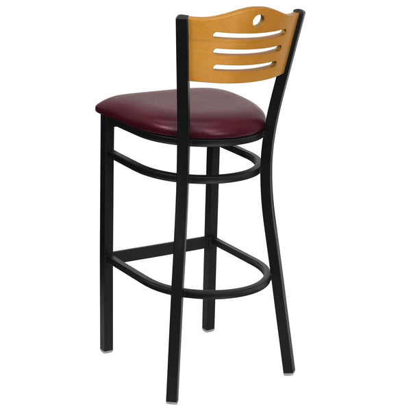 Natural Wood Back/Burgundy Vinyl Seat/Black Metal Frame |#| Black Slat Back Metal Restaurant Barstool - Natural Wood Back, Burg Vinyl Seat