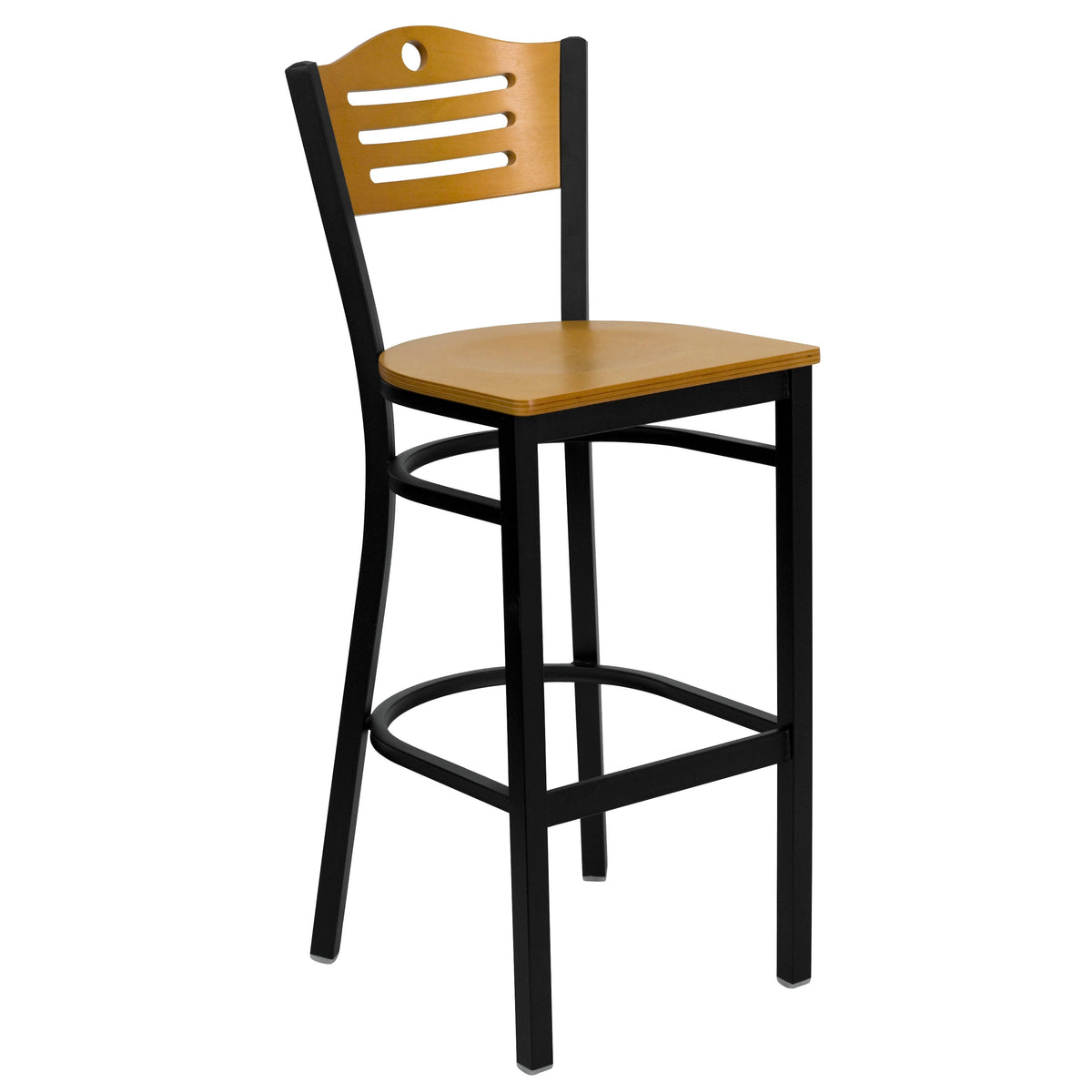 Natural Wood Back/Natural Wood Seat/Black Metal Frame |#| Black Slat Back Metal Restaurant Barstool - Natural Wood Back & Seat