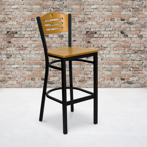 Natural Wood Back/Natural Wood Seat/Black Metal Frame |#| Black Slat Back Metal Restaurant Barstool - Natural Wood Back & Seat