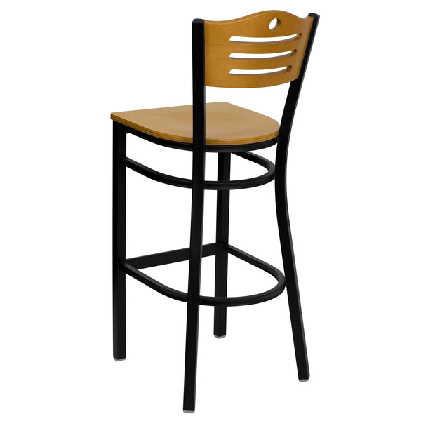 Natural Wood Back/Natural Wood Seat/Black Metal Frame |#| Black Slat Back Metal Restaurant Barstool - Natural Wood Back & Seat