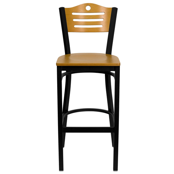 Natural Wood Back/Natural Wood Seat/Black Metal Frame |#| Black Slat Back Metal Restaurant Barstool - Natural Wood Back & Seat