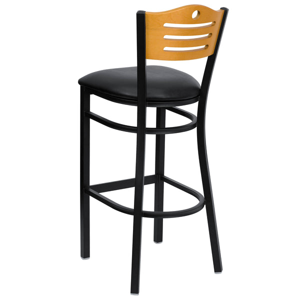 Natural Wood Back/Black Vinyl Seat/Black Metal Frame |#| Black Slat Back Metal Restaurant Barstool - Natural Wood Back, Black Vinyl Seat