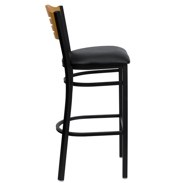 Natural Wood Back/Black Vinyl Seat/Black Metal Frame |#| Black Slat Back Metal Restaurant Barstool - Natural Wood Back, Black Vinyl Seat