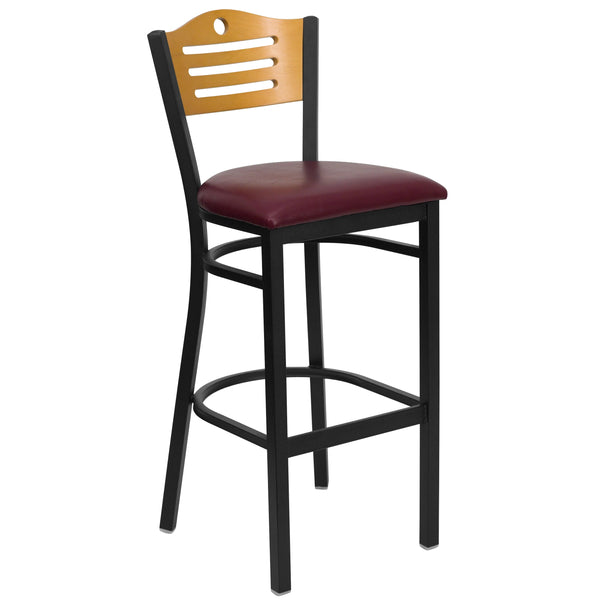 Natural Wood Back/Burgundy Vinyl Seat/Black Metal Frame |#| Black Slat Back Metal Restaurant Barstool - Natural Wood Back, Burg Vinyl Seat