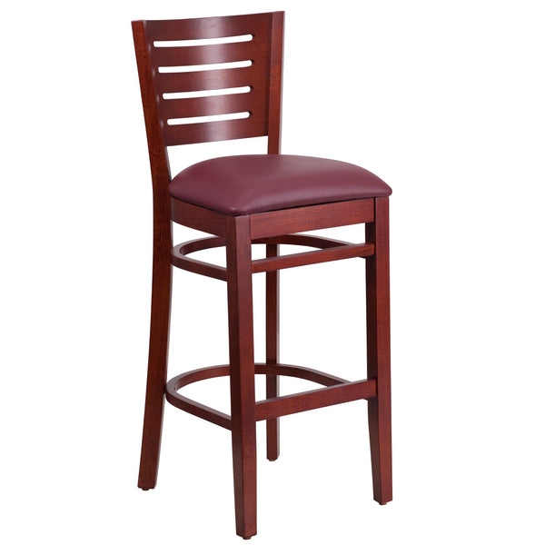 Burgundy Vinyl Seat/Mahogany Wood Frame |#| Slat Back Mahogany Wood Restaurant Barstool - Burgundy Vinyl Seat