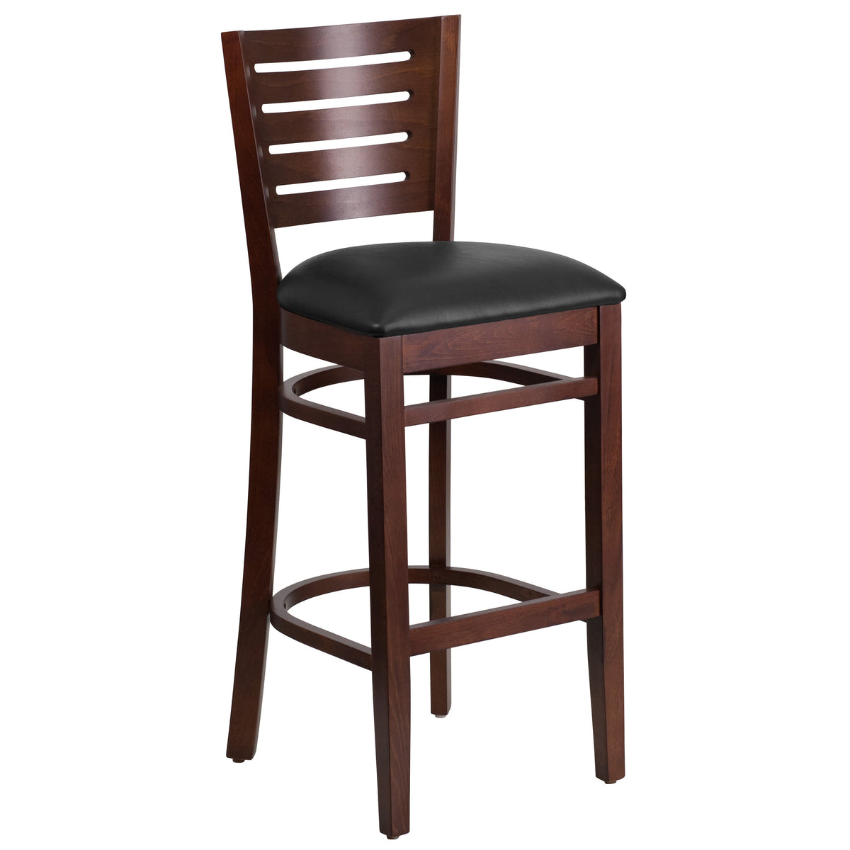 Black Vinyl Seat/Walnut Wood Frame |#| Slat Back Walnut Wood Restaurant Barstool - Black Vinyl Seat