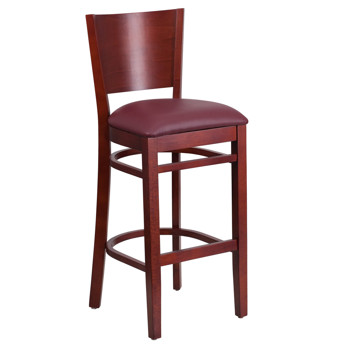 Burgundy Vinyl Seat/Mahogany Wood Frame |#| Solid Back Mahogany Wood Restaurant Barstool - Burgundy Vinyl Seat