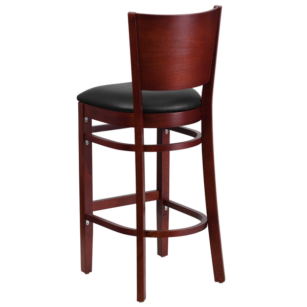 Black Vinyl Seat/Mahogany Wood Frame |#| Solid Back Mahogany Wood Restaurant Barstool - Black Vinyl Seat