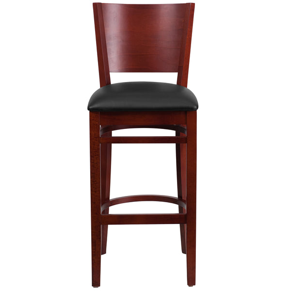 Black Vinyl Seat/Mahogany Wood Frame |#| Solid Back Mahogany Wood Restaurant Barstool - Black Vinyl Seat