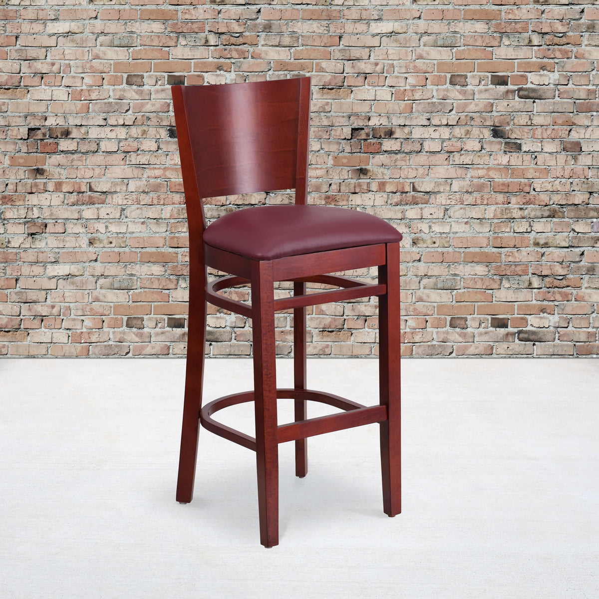 Burgundy Vinyl Seat/Mahogany Wood Frame |#| Solid Back Mahogany Wood Restaurant Barstool - Burgundy Vinyl Seat