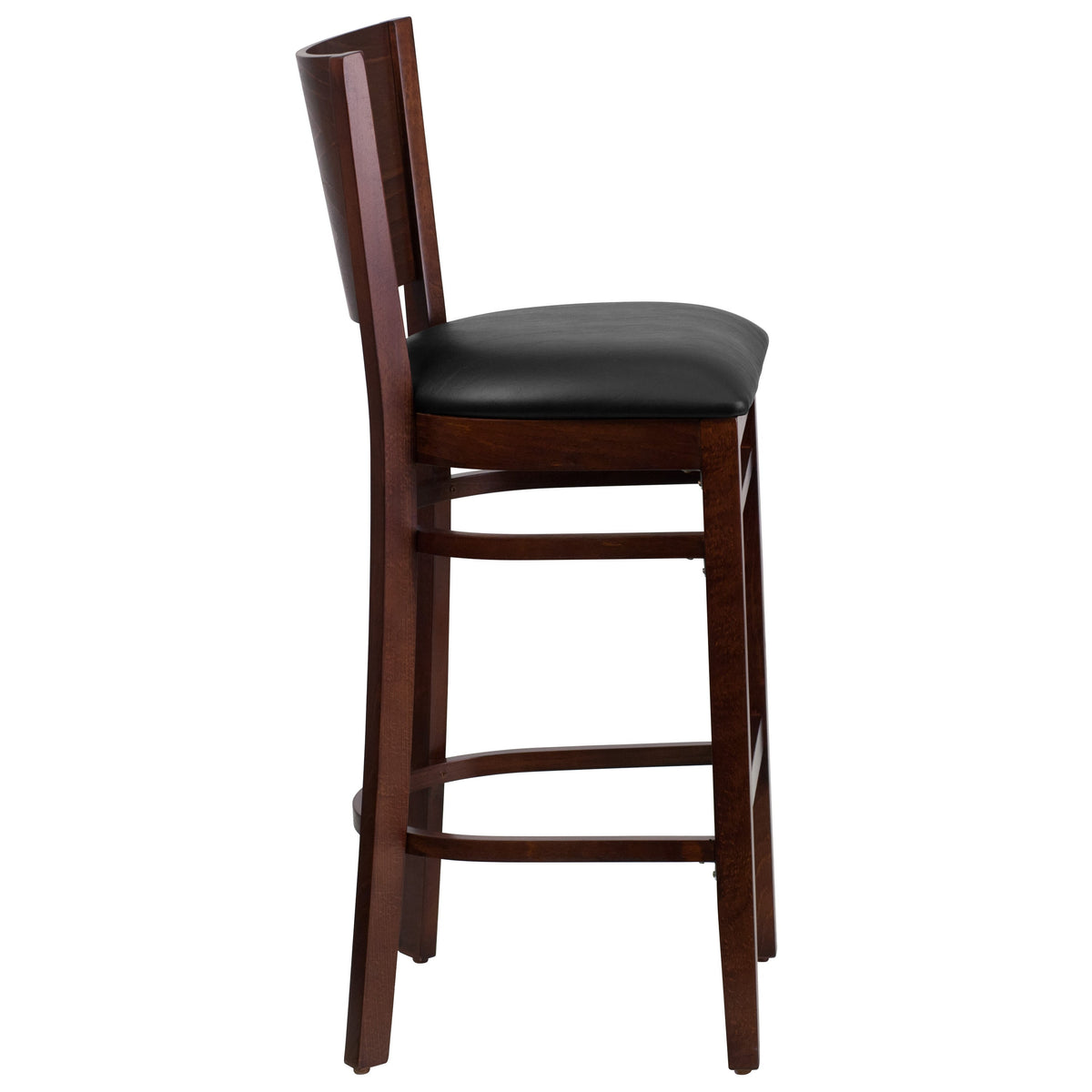 Black Vinyl Seat/Walnut Wood Frame |#| Solid Back Walnut Wood Restaurant Barstool - Black Vinyl Seat