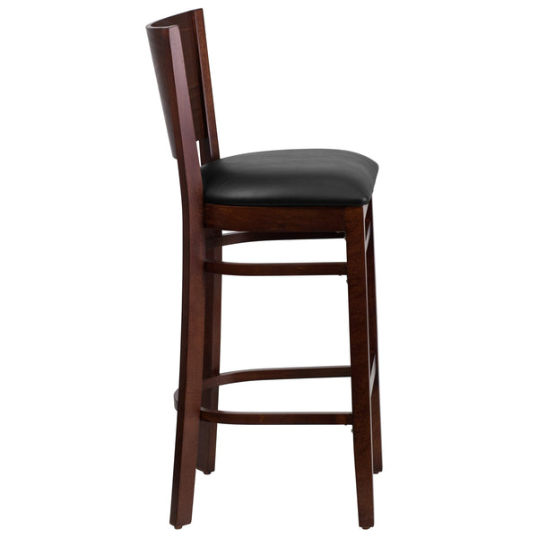 Black Vinyl Seat/Walnut Wood Frame |#| Solid Back Walnut Wood Restaurant Barstool - Black Vinyl Seat