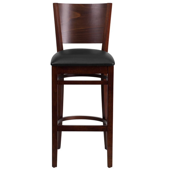 Black Vinyl Seat/Walnut Wood Frame |#| Solid Back Walnut Wood Restaurant Barstool - Black Vinyl Seat