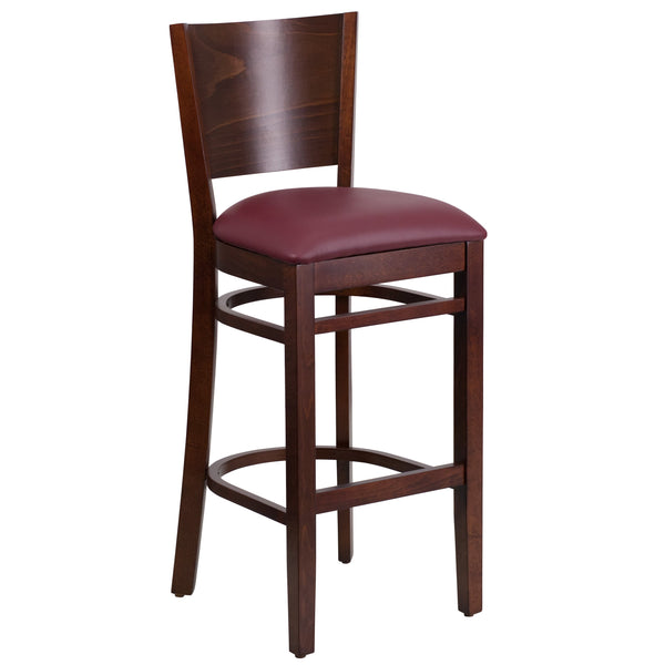 Burgundy Vinyl Seat/Walnut Wood Frame |#| Solid Back Walnut Wood Restaurant Barstool - Burgundy Vinyl Seat