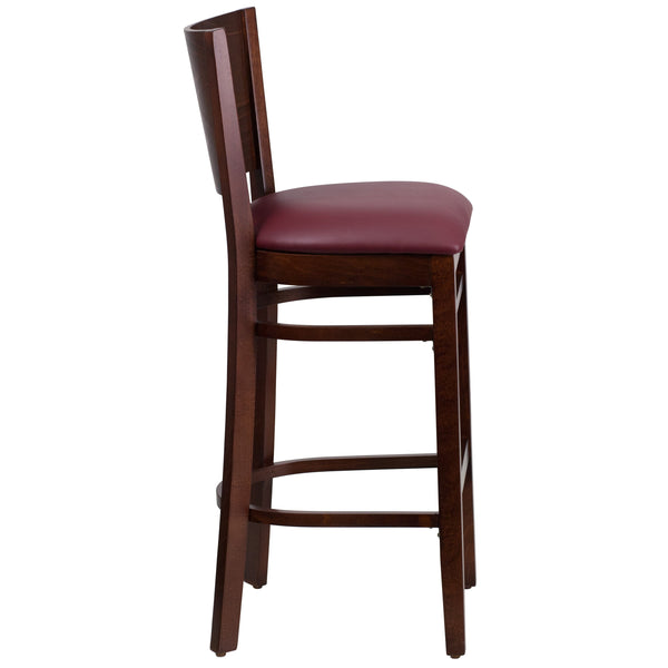 Burgundy Vinyl Seat/Walnut Wood Frame |#| Solid Back Walnut Wood Restaurant Barstool - Burgundy Vinyl Seat