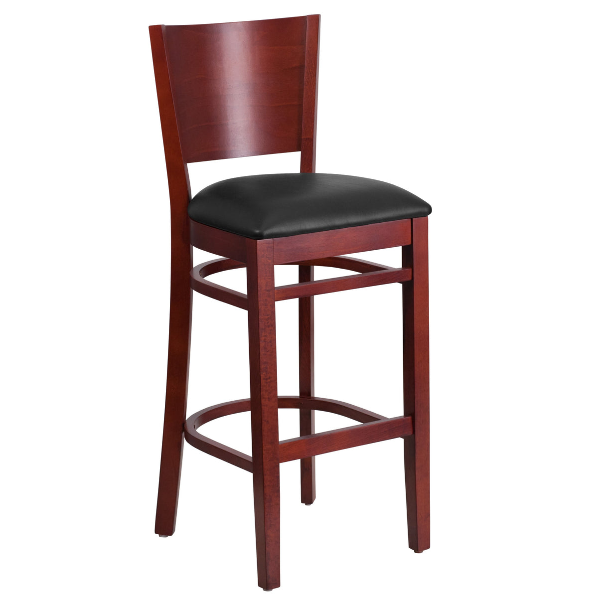 Black Vinyl Seat/Mahogany Wood Frame |#| Solid Back Mahogany Wood Restaurant Barstool - Black Vinyl Seat