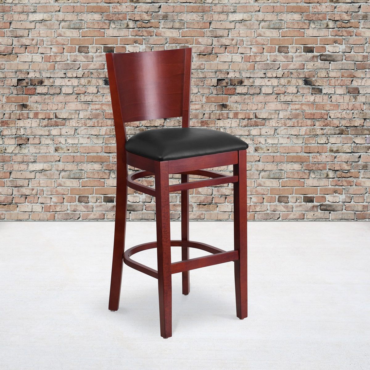 Black Vinyl Seat/Mahogany Wood Frame |#| Solid Back Mahogany Wood Restaurant Barstool - Black Vinyl Seat