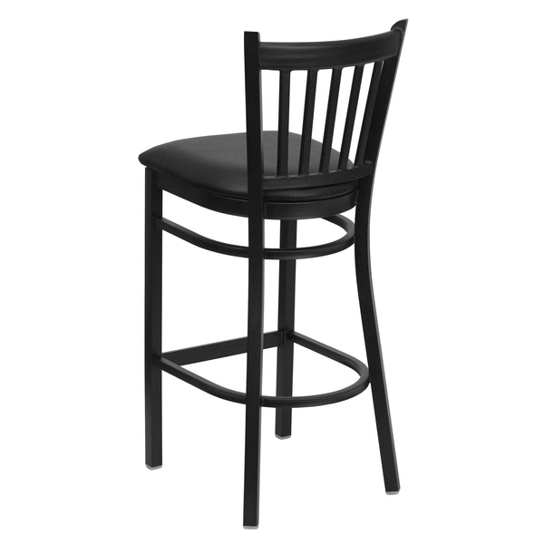 Black Vinyl Seat/Black Metal Frame |#| Black Vertical Back Metal Restaurant Barstool - Black Vinyl Seat