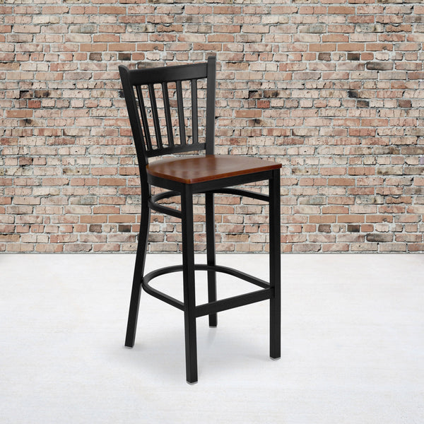 Cherry Wood Seat/Black Metal Frame |#| Black Vertical Back Metal Restaurant Barstool - Cherry Wood Seat