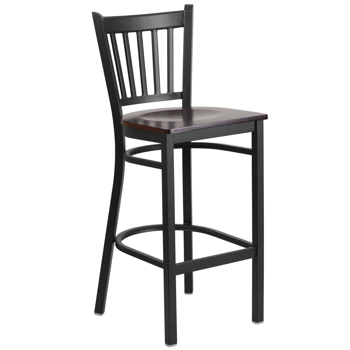 Walnut Wood Seat/Black Metal Frame |#| Black Vertical Back Metal Restaurant Barstool - Walnut Wood Seat